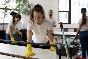 group of professional cleaners cleaning an office commercial cleaning concept