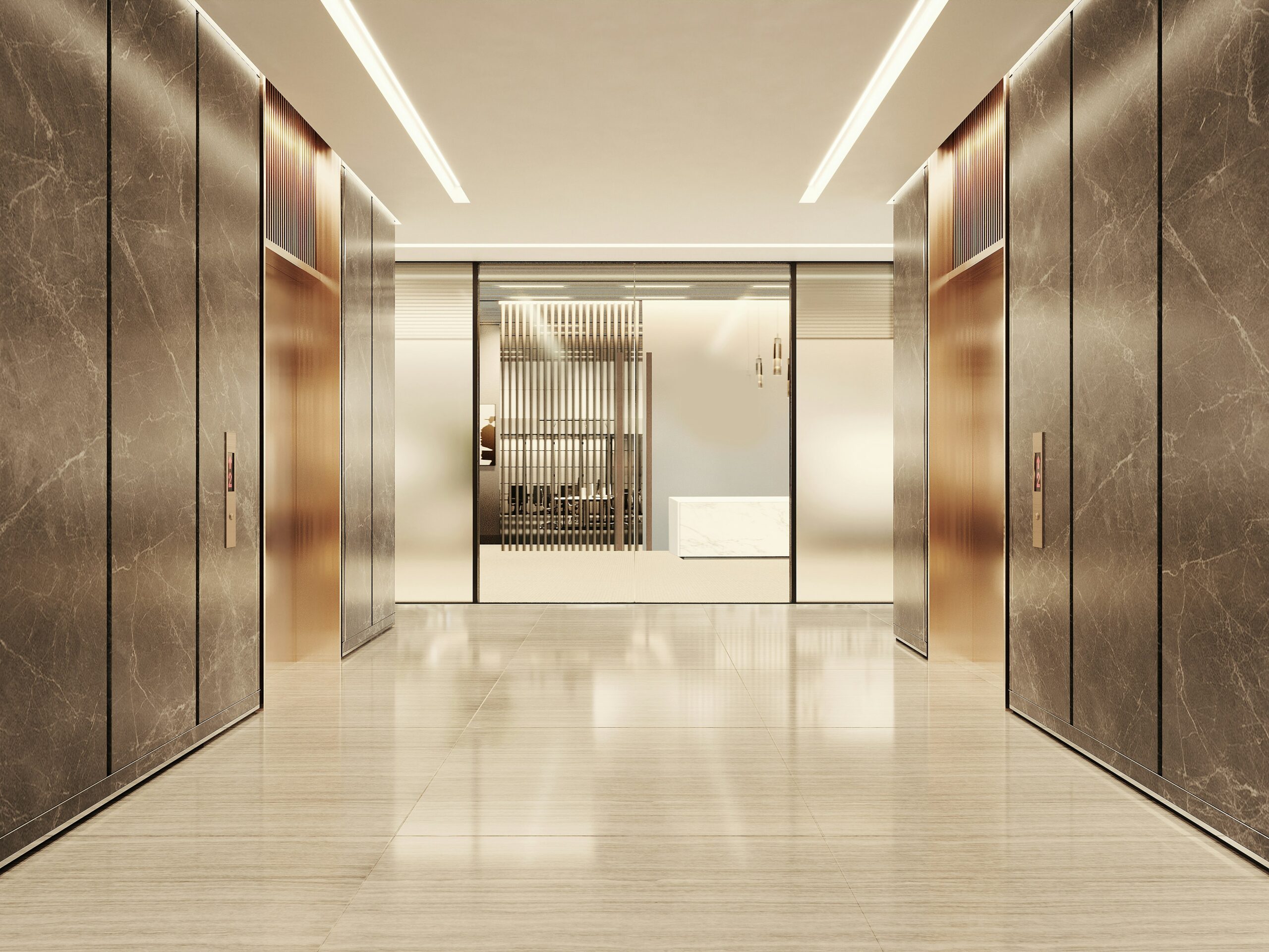 Clean commercial building lobby with polished stone floor